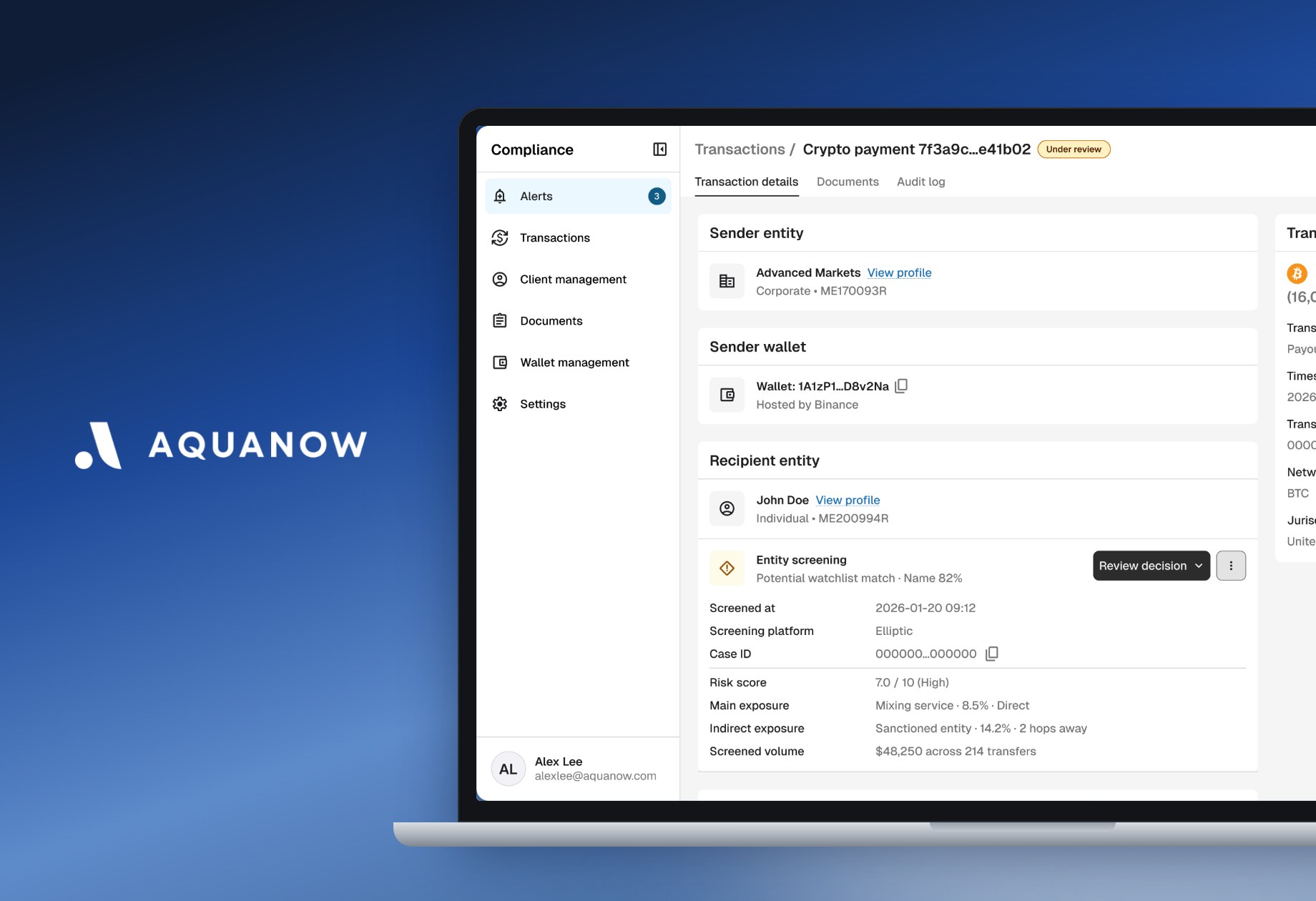 Aquanow compliance platform shown on a laptop